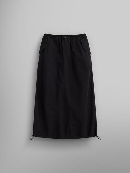 The Women's Drawcord Skirt by Alpha Industries features a black mid-length design with a drawstring hem and bungee waistband.
