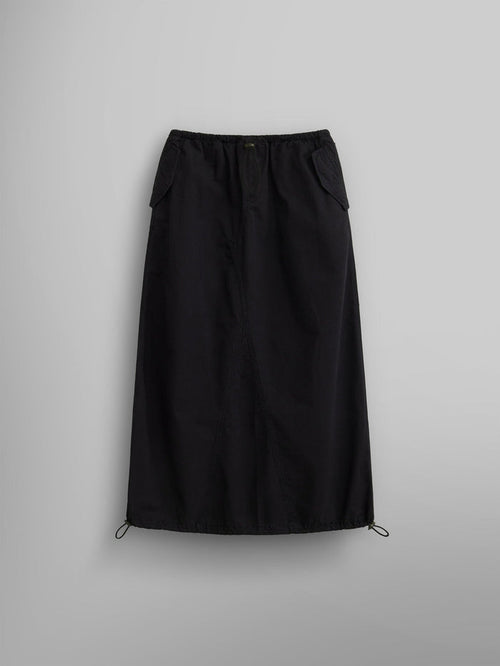 The Women's Drawcord Skirt by Alpha Industries features a black mid-length design with a drawstring hem and bungee waistband.
