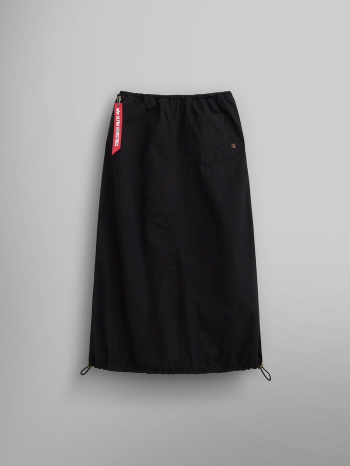 The Women's Drawcord Skirt by Alpha Industries showcases a black design with an elastic waistband and adjustable drawcords at the hem for a relaxed fit.