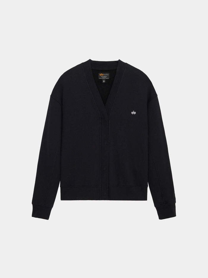 Alpha Industries Essential Cardigan, black V-neck with long sleeves, cotton-poly blend, small embroidered logo on left chest.