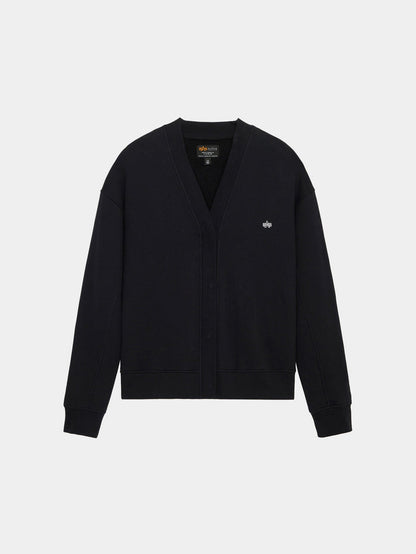 Alpha Industries Essential Cardigan, black V-neck with long sleeves, cotton-poly blend, small embroidered logo on left chest.