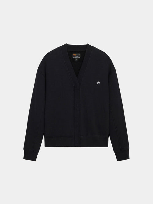 Alpha Industries Essential Cardigan, black V-neck with long sleeves, cotton-poly blend, small embroidered logo on left chest.