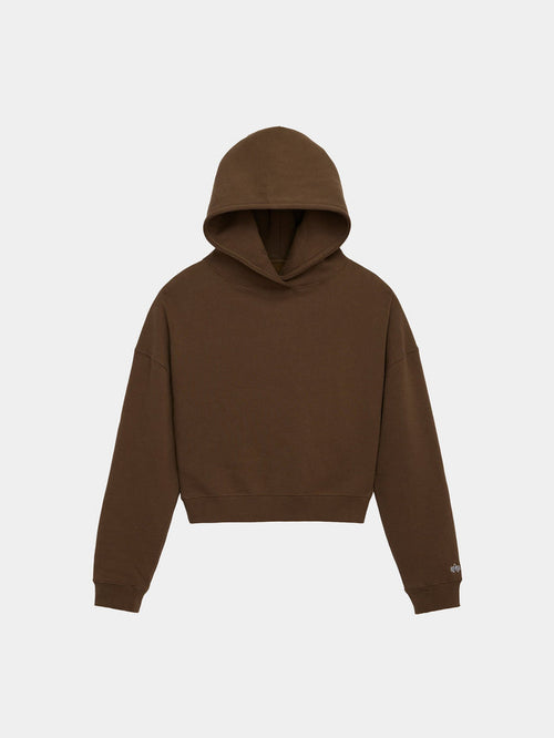 Alpha Industries Essential Cropped Hoodie Womens in Espresso with long sleeves, front hood, and embroidered logo.