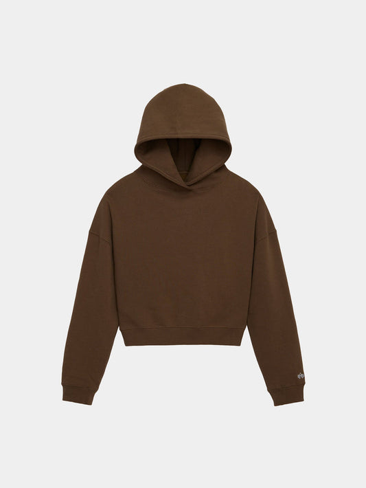 Alpha Industries Essential Cropped Hoodie Womens in Espresso with long sleeves, front hood, and embroidered logo.