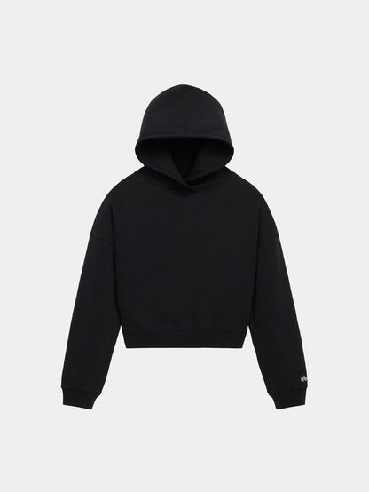Alpha Industries Essential Cropped Hoodie Womens in Black with long sleeves, front pocket, and embroidered logo.