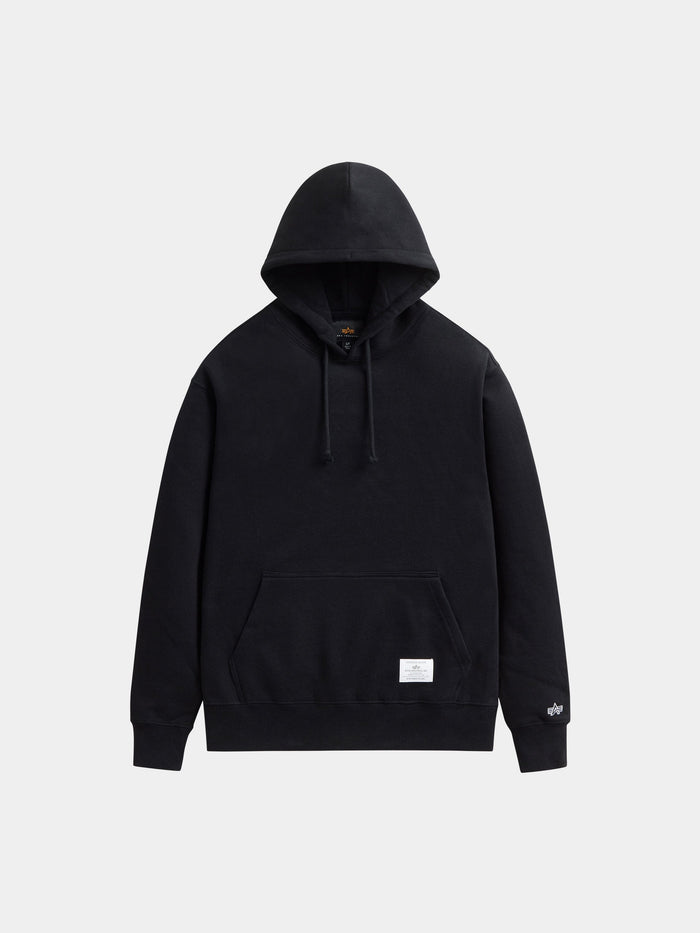 Alpha Industries Essential Hoodie in Black with drawstrings, front kangaroo pocket, ribbed cuffs and hem, small white label at hem.