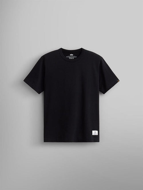 Alpha Industries Essential Relaxed Tee in Black, 210 gsm fabric, small white label at hem.