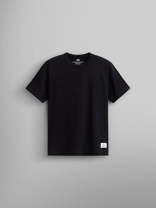 Alpha Industries Essential Relaxed Tee in Black, 210 gsm fabric, small white label at hem.