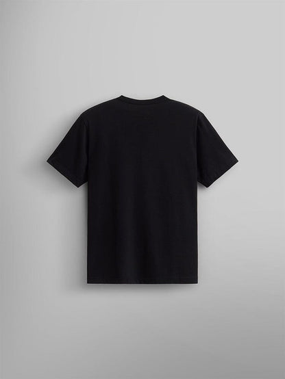 Alpha Industries Essential Relaxed Tee in black, made from 210 gsm fabric, shown with the back facing up.