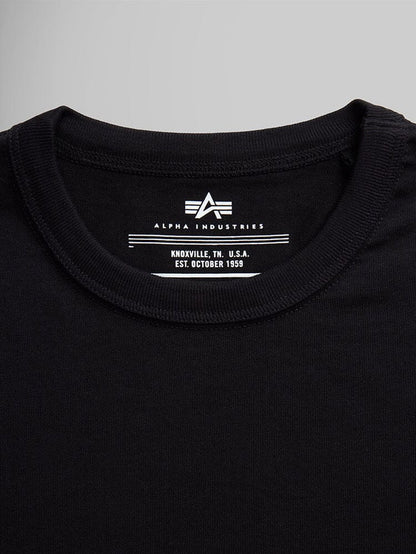 Black Alpha Industries Essential Relaxed Tee collar and neckline with printed brand logo and label inside.