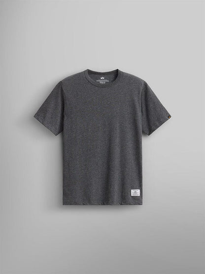 Alpha Industries Essential Relaxed Tee in Dark Charcoal Heather, crew neck, 210 GSM fabric, short sleeves, white label near hem.