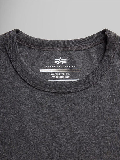 Alpha Industries Essential Relaxed Tee in dark grey, collar and upper chest with printed label details inside.