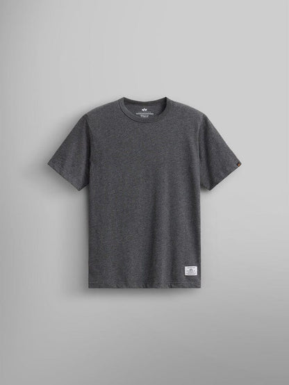Alpha Industries Essential Tee in Dark Charcoal Heather, short-sleeve cotton crew neck with small white label near the bottom hem.
