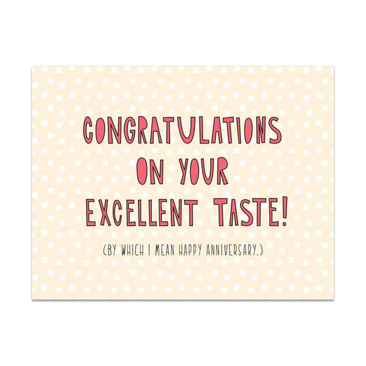 Card with polka dot pattern and humorous text on a beige background