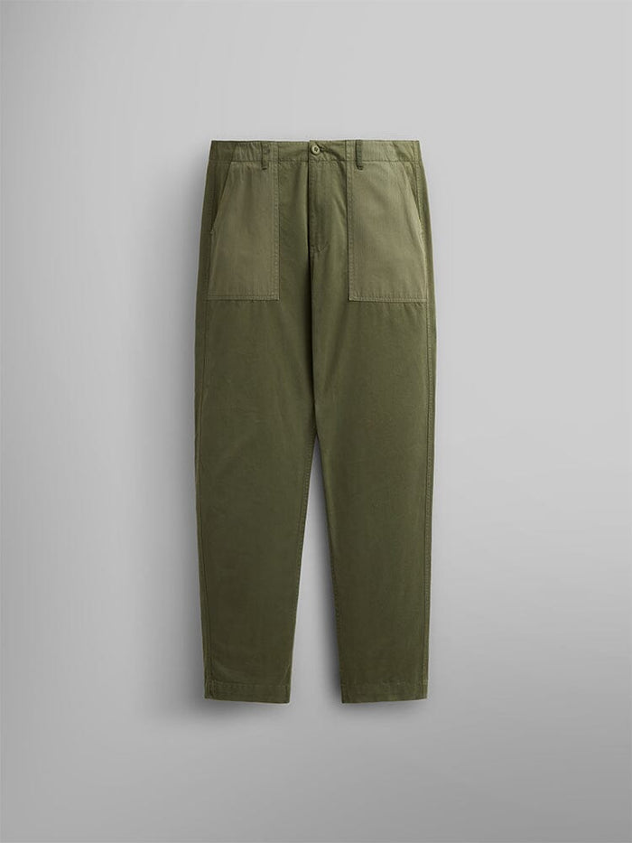 Alpha Industries Fatigue Pant in OG-107 Green, straight legs, utility pockets, button closure, belt loops.