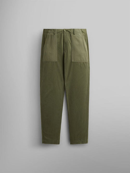 Alpha Industries Fatigue Pant in OG-107 Green, straight legs, utility pockets, button closure, belt loops.