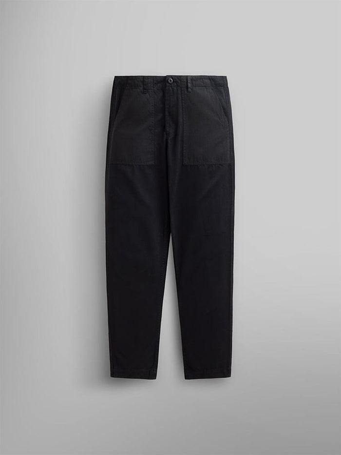 Alpha Industries Fatigue Pant, black, straight-leg, button closure, two front utility pockets.