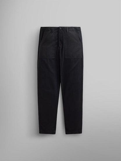 Alpha Industries Fatigue Pant, black, straight-leg, button closure, two front utility pockets.