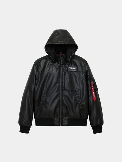FAUX LEATHER HOODED RIB FLIGHT JACKET OUTERWEAR Alpha Industries BLACK XS