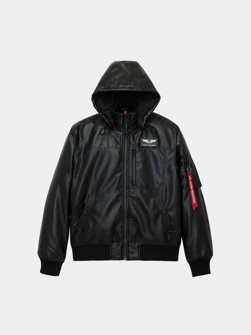 FAUX LEATHER HOODED RIB FLIGHT JACKET OUTERWEAR Alpha Industries BLACK XS