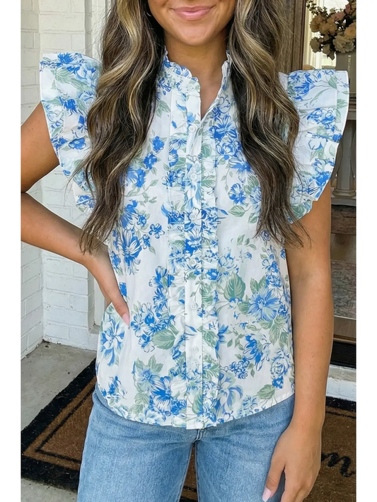 Floral Print Ruffle Sleeve Blouse - Greige Goods