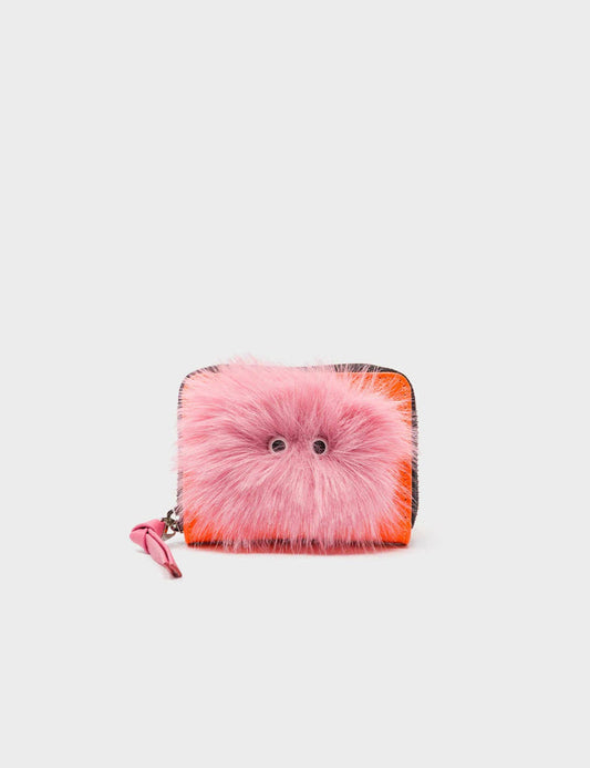 Frodo Neon Orange Leather Zip Around Wallet - Fuzzy Monster Applique