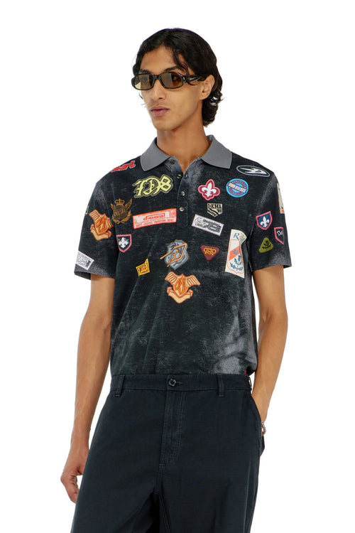 Jersey polo shirt with trompe l'oeil patches
