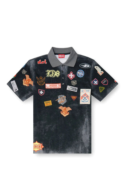 Jersey polo shirt with trompe l'oeil patches