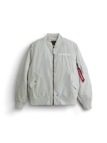 Alpha Industries L-2B Dotted Camo Flight Jacket, light gray, front zipper, ribbed collar, cuffs and hem, zippered utility sleeve pocket, attached red tag.