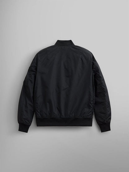 The L-2B Skymaster Gen II Bomber Jacket W by Alpha Industries, Inc. is a black bomber jacket made from lightweight nylon. It features a minimalist design with discreet oxygen tab details. This water-resistant jacket offers an elegant blend of style and functionality.
