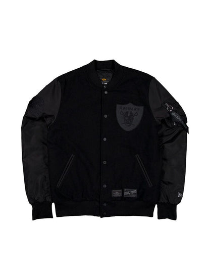 Introducing the Las Vegas Raiders x Alpha x New Era Wool Varsity MA-1 Bomber Jacket by Alpha Industries, available in black, featuring a Raiders logo on the front. This jacket is crafted from faux leather and includes snap button closures with two pockets.