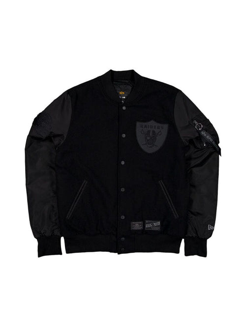 Introducing the Las Vegas Raiders x Alpha x New Era Wool Varsity MA-1 Bomber Jacket by Alpha Industries, available in black, featuring a Raiders logo on the front. This jacket is crafted from faux leather and includes snap button closures with two pockets.