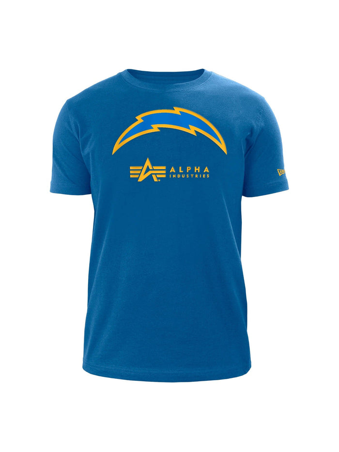 The Los Angeles Chargers x Alpha x New Era T-Shirt by Alpha Industries comes in blue and showcases a twill applique of a yellow and blue lightning bolt logo along with the words "Alpha Industries" on the front, all crafted from mid-weight jersey to ensure ultimate comfort.