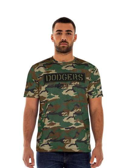 Los Angeles Dodgers X Alpha X New Era T-Shirt by Alpha Industries, green and brown camo, bold Dodgers logo.