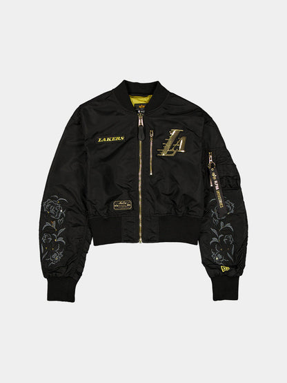 LOS ANGELES LAKERS X ALPHA X NEW ERA L-2B CROPPED BOMBER JACKET WOMENS OUTERWEAR Alpha Industries BLACK/GOLD XS
