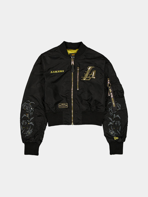 LOS ANGELES LAKERS X ALPHA X NEW ERA L-2B CROPPED BOMBER JACKET WOMENS OUTERWEAR Alpha Industries BLACK/GOLD XS