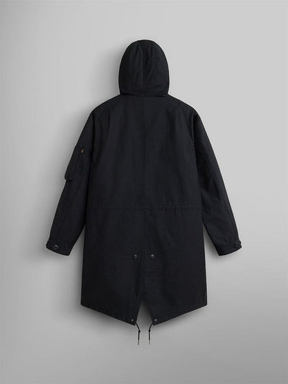 Alpha Industries M-59 Fishtail Mod Parka, black, with moldable wire hood and quilted fishtail liner.