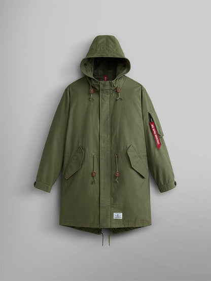 Alpha Industries M-59 Fishtail Mod Parka, M-65 Olive, quilted fishtail liner, front flap pockets, drawstring waist and hem, moldable wire hood, red tag on left arm.