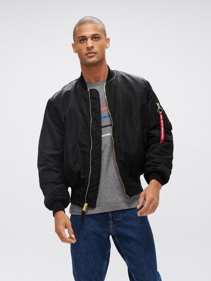 Alpha Industries MA-1 Blood Chit Jacket, black, nylon material, front zipper closure.