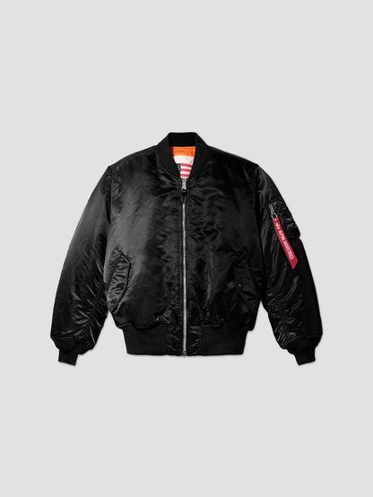Alpha Industries MA-1 Blood Chit: black flight jacket, front zipper, ribbed cuffs and hem, two front pockets, sleeve zip pocket with red tag.