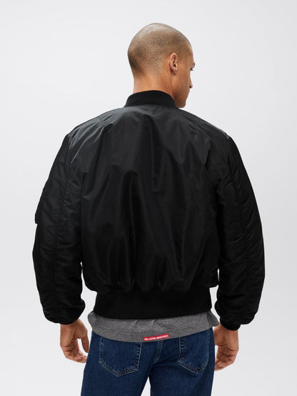 Alpha Industries MA-1 Blood Chit Jacket, Black, with Front Zipper Closure.