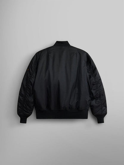 Alpha Industries MA-1 Bomber Jacket in black, shown from the back, features ribbed collar and cuffs.