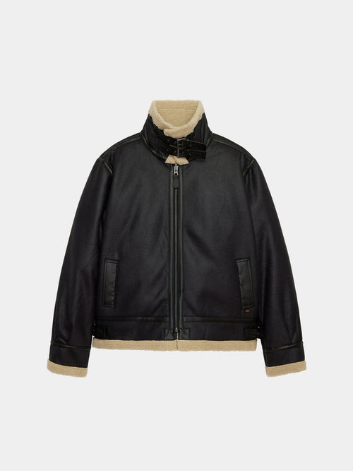 Mouton B-3 by Alpha Industries, black faux leather aviator jacket with shearling lining, front zipper, buckle collar, beige trim.