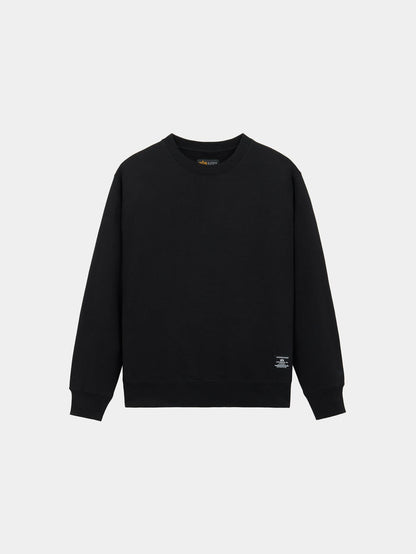 Alpha Industries Patched Crewneck, black cotton-poly blend, crewneck, long sleeves, ribbed cuffs, small white tag near hem.
