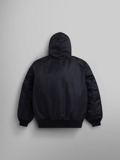 Back view of the iconic Alpha Industries Pull-Over MA-1 Jacket Hoodie in black, featuring a hooded design.