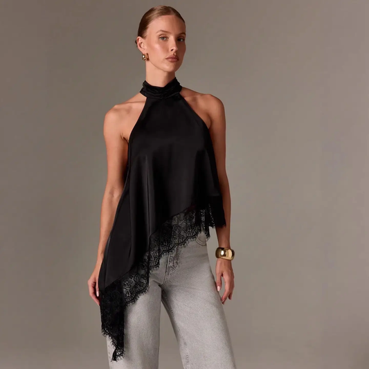Satin Halter Neck Asymmetrical Top - Greige Goods