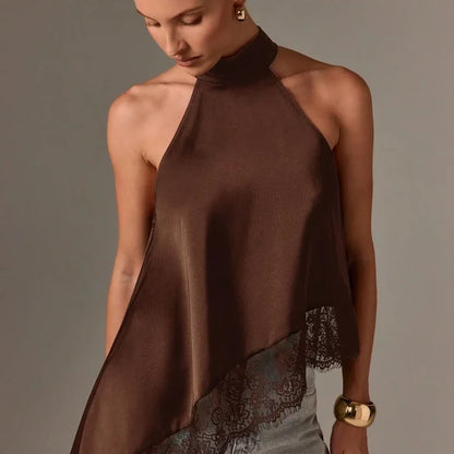 Satin Halter Neck Asymmetrical Top - Greige Goods
