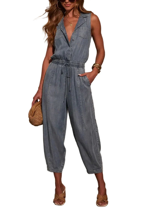 Sleeveless Drawstring Waist Washed Denim Jumpsuit