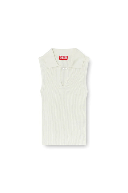 Sleeveless rib-knit polo top in silk blend