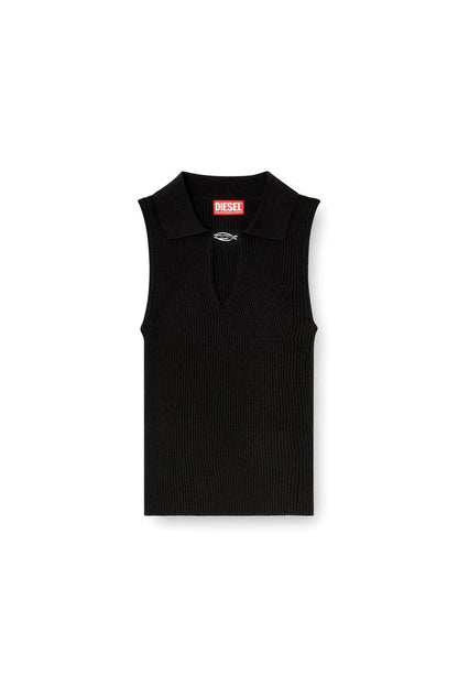 Sleeveless rib-knit polo top in silk blend